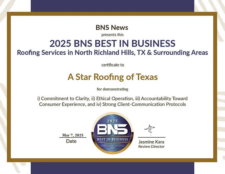 2025 BNS Aware certificate for A Star Roofing of Texas