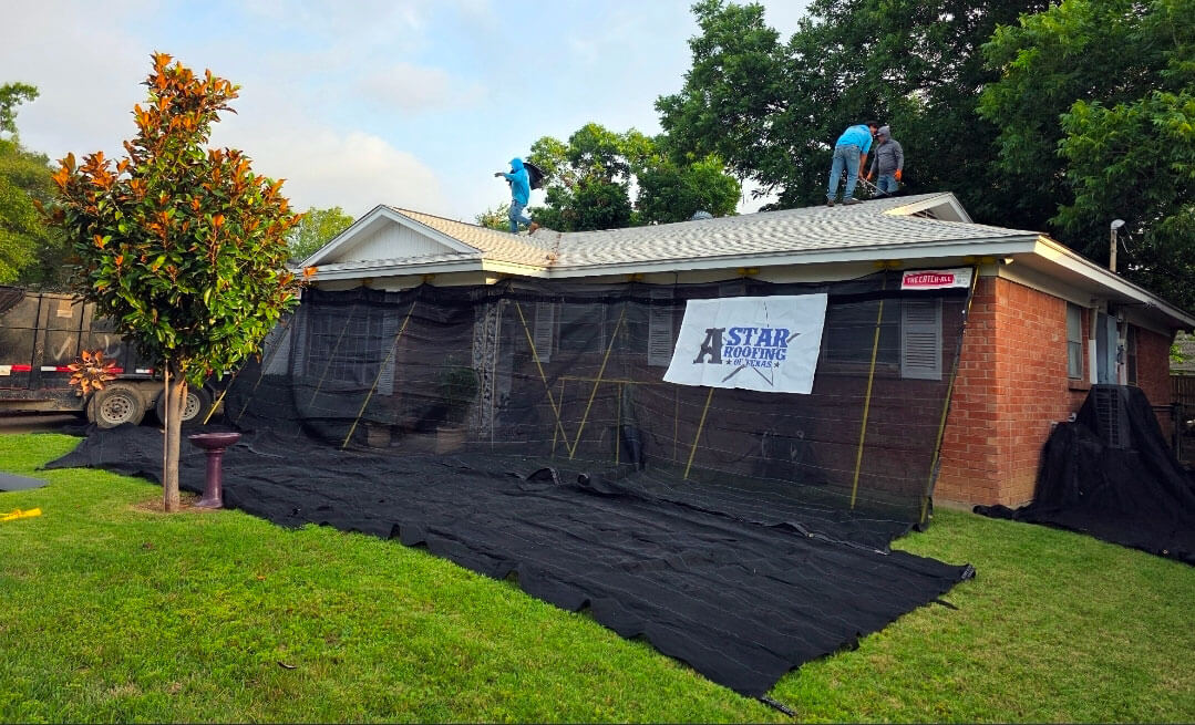A house roof repair job in Arlington, Texas